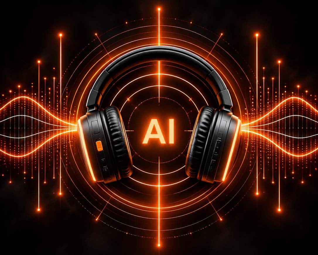 silentsystem.ai_.mobi_ Audífonos con la palabra AI entre ondas sonoras naranjas: el asistente Silentsystem AI
